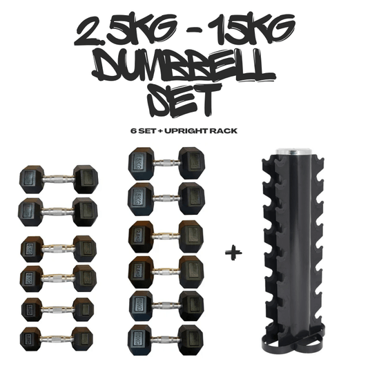 Rubber Hex Dumbbell Upright Set (2.5kg - 15kg) - 6 Sets