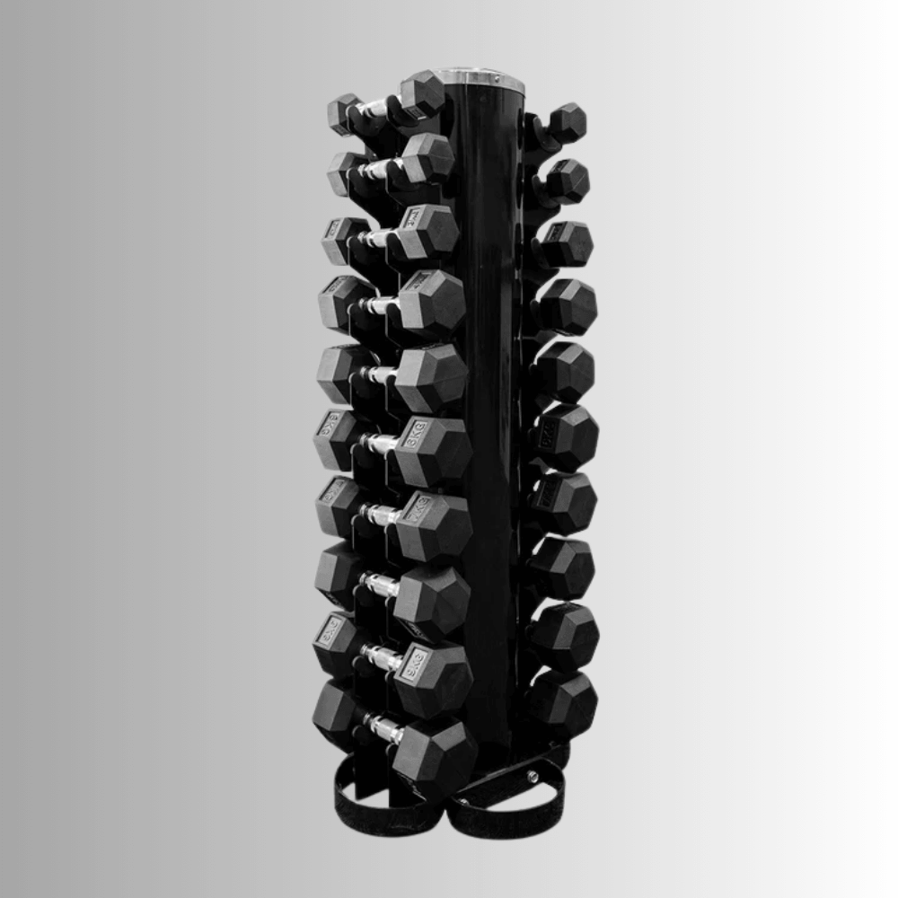 Force Fitness 1-10kg Rubber Hex Dumbbell Set + Rack