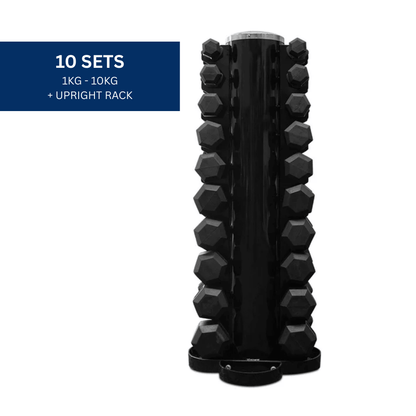 Force Fitness 1-10kg Rubber Hex Dumbbell Set + Rack