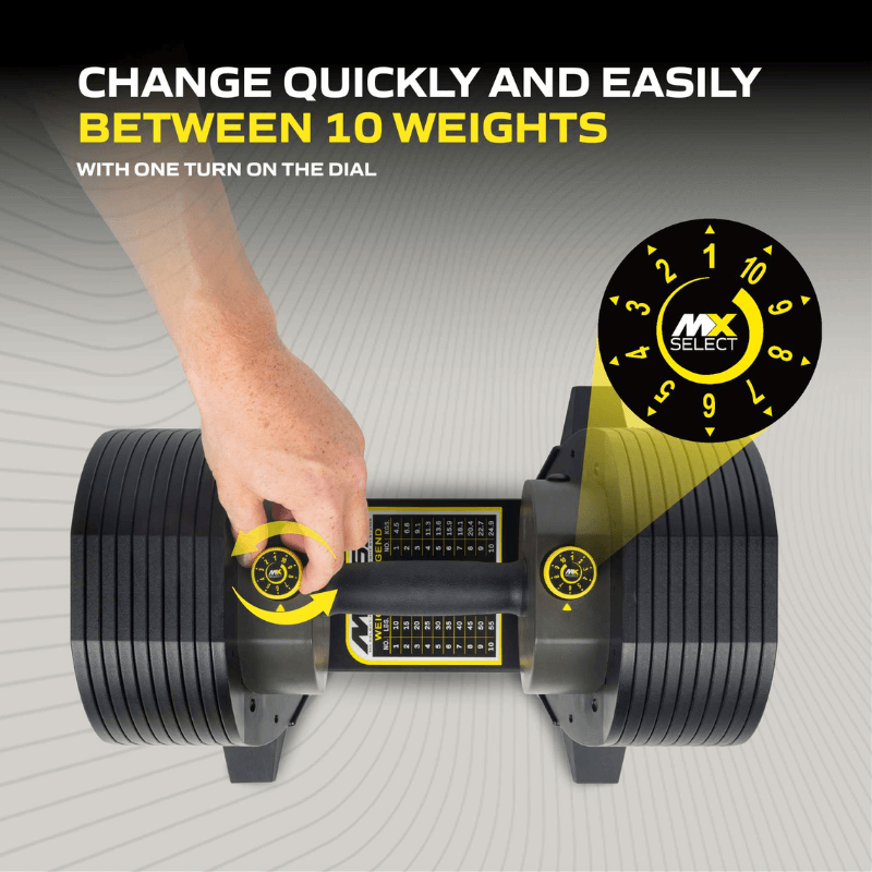 MX55 Adjustable Dumbbell Set 4.5kg – 25kg + Rack