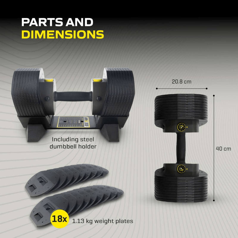 MX55 Adjustable Dumbbell Set 4.5kg – 25kg + Rack