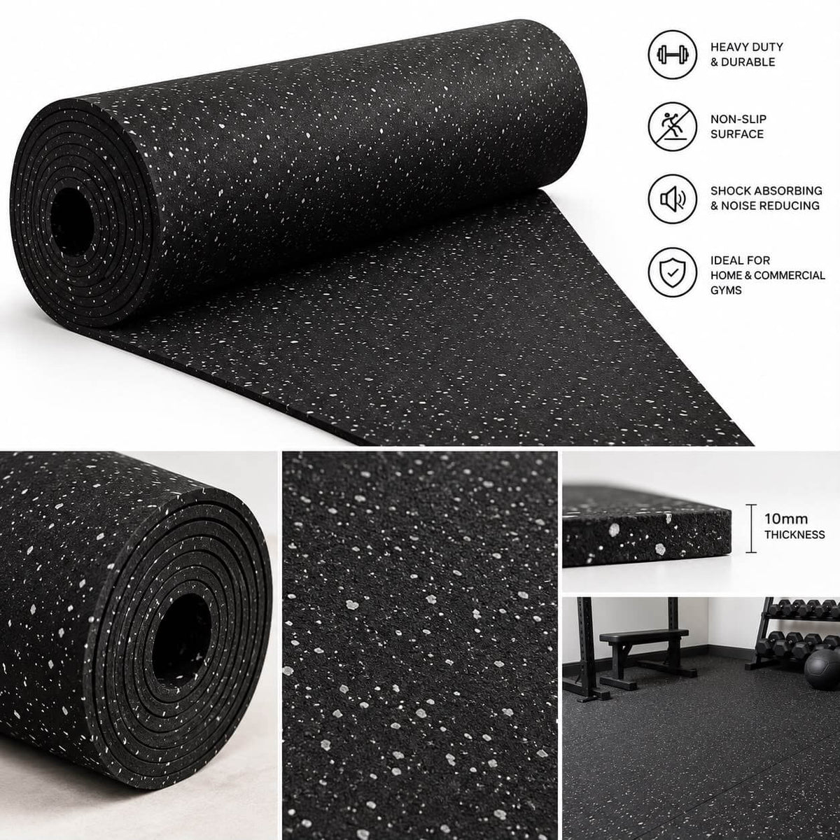 Rubber Gym Flooring 10m Roll - White Speckle