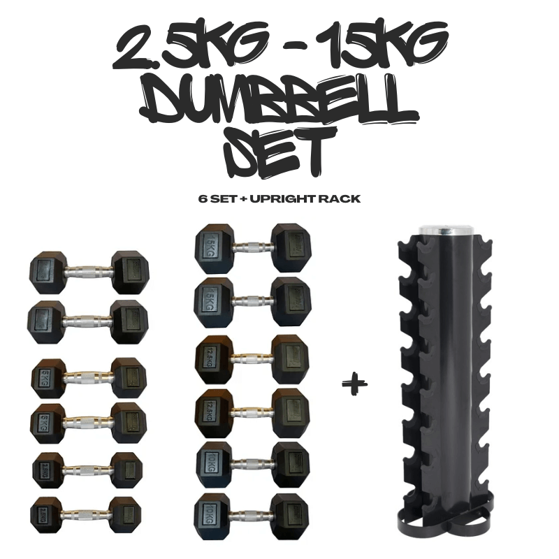 Rubber Hex Dumbbell Upright Set (2.5kg - 15kg) - 6 Sets