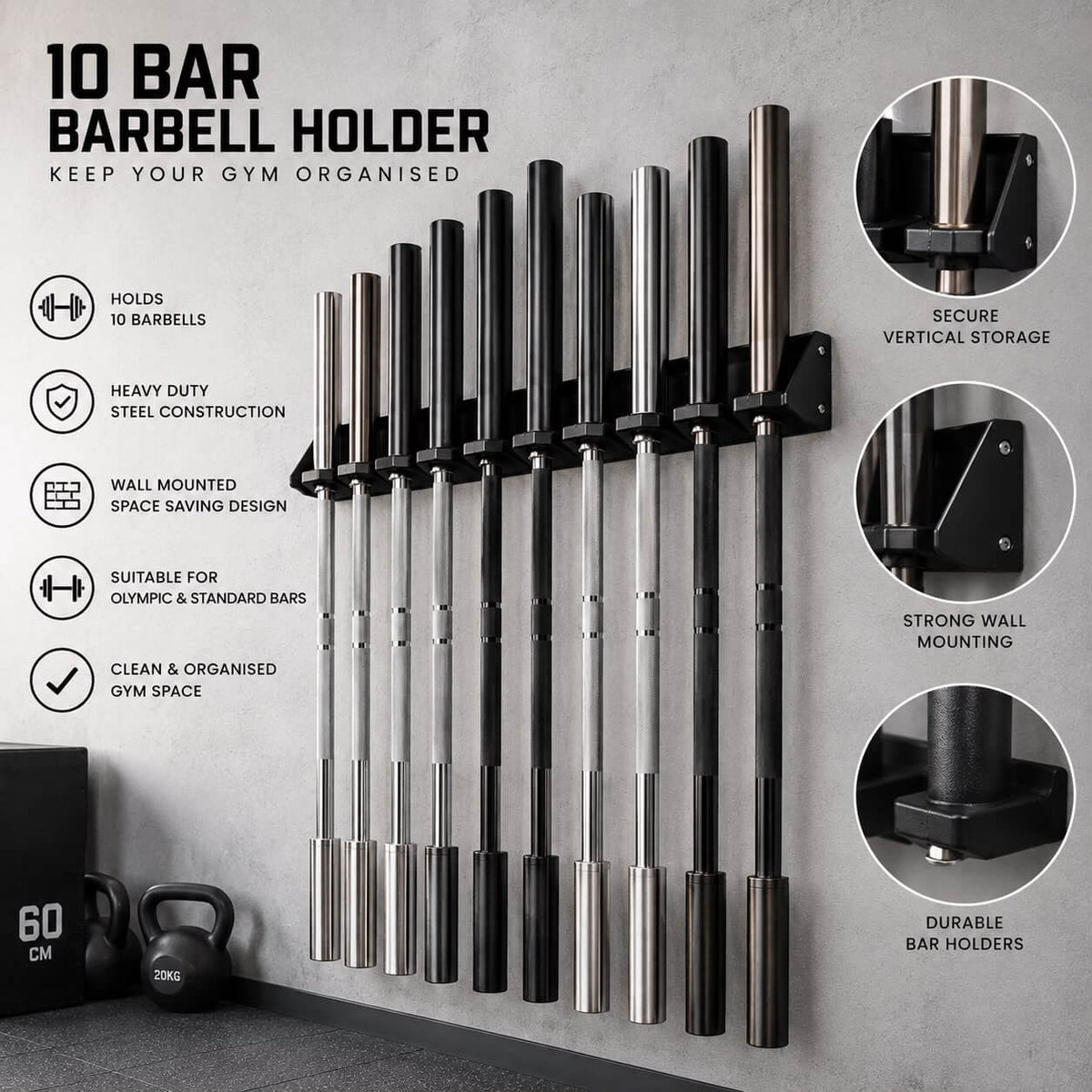 Wall Mounted Barbell Holder- 10 Bar